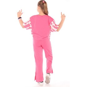 Resim Toontoy Kids Toontoy Kız Çocuk 2'li Takım Baskılı Kısa Kollu Sweatshirt & Beli Lastikli Yırtmaçlı Bol Paça Eşofman Altı - 30/1 Penye Fuşya 