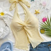 Resim Sevimli Halter Boyun Bağlamalı Ön Twist Açık Sırt Bikini Üst - Hafif Esnek Polyester-Spandex Karışımı, Makinede Yıkanabilir, Plaj Havuz Kenarı Yazlık Kıyafetler için Düz Renk 