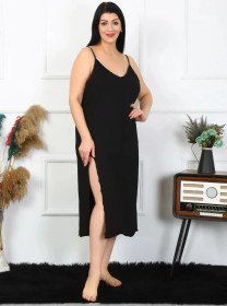 Resim Moda Kadın Büyük Beden İp Askılı Pamuklu Siyah Uzun Gecelik Siyah 