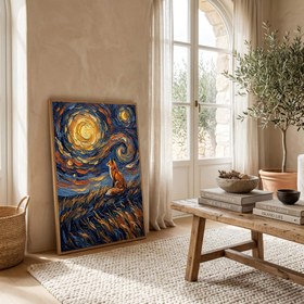 Resim Lone Fox Starry Night Print - Van Gogh-Style Wildlife Hillside Wall Art - Wooden Frame - Natural / 12 x 16" (30x40 cm) 