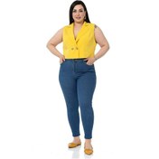 Resim Büyük Beden Kruvaze Çift Düğmeli Sarı Mini Yelek-Sarı 