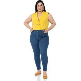 Resim Büyük Beden Kruvaze Çift Düğmeli Sarı Mini Yelek-Sarı 