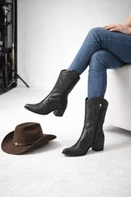 Resim Melinta Shoes Melinta Kadın Siyah Deri Nakıışlı Kovboy Çizme 