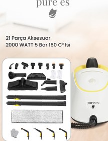 Resim pure es 2000W 5Bar Profesyonel Buharlı Temizleyici 160°C Yüksek Isı 21 Parça Aksesuar 