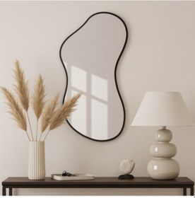 Resim 40x72 Cm Modern Organik Şekilli Dekoratif Banyo Aynası Siyah Çerçeveli Düzensiz Tasarım Ayna Minimalist & Japandi Duvar Aynası Siyah 
