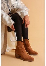 Resim Bej Süet Kadın Kısa Kovboy Kanvas Western Bot Tarçın Taba Süet 