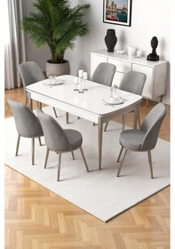Resim Canisa Nira Serisi 70x114 Mdf Açılabilir Beyaz Masa Takımı 6 Gri Sandalye Krom Detay Masa Beyaz Sandalye Gri Ayaklar Krom 