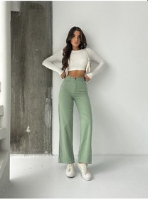 Resim Kadın Yüksek Bel Keten Boyfriend Bol Paça Yeşil 