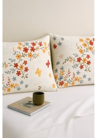 Resim Kelebek Kırmızı Desenli 2 Li Yastık Kılıfı Pamuklu Kumaş Fermuarlı Kırmızı 