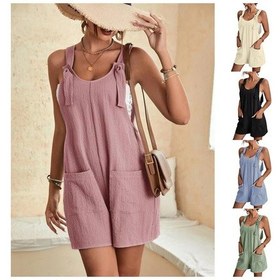 Resim Yeşil Kadın Strappy Gevşek Kaba Pamuk Şort Yaz Romper Plaj Tulum Tulum Yeşil 