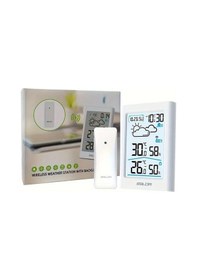 Resim Oldfriend Beyaz Kablosuz İç Ve Dış Hava İstasyonu Termometre Nem Ölçer Tarih Ekranlı 