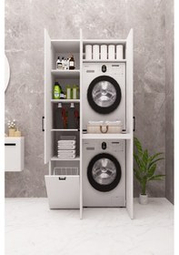 Resim Mdf Çamaşır Makinesi Ve Kurutma Makinesi Dolabı Sepetli Kapaklı Beyaz 
