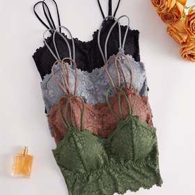 Resim 4 adet Kadın Seksi Dantel Bralette - Kablosuz, Çıkarılabilir Pedler, Güneş Çiçeği Deseni, Siyah/Kahverengi/Gri/Yeşil, Yumuşak ve Rahat 