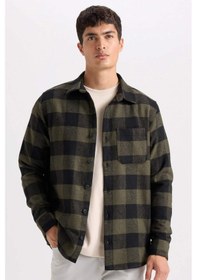 Resim Defacto Regular Fit Polo Yaka Kareli Flanel Uzun Kollu Gömlek S1238AZ24AUKH206 Haki 