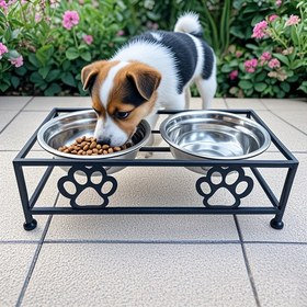 Resim Altın Teddy ve Küçük Köpekler için Paslanmaz Çelikten Yapılmış Demir Sanat Standı Köpek Kasesi, Boyun Koruma Yemek Kabı 