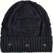 Resim Unisex Kafatası Tasarımlı Örgü Bere ile 3D Kafatası Yamaları - Kabartmalı Kışlık Sıcak Katlanabilir Manşet, Erkekler & Kadınlar için Siyah Günlük Kafatası Şapkası, Rahat Baş Giyim, Dokulu Örgü 