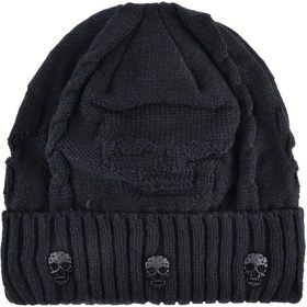 Resim Unisex Kafatası Tasarımlı Örgü Bere ile 3D Kafatası Yamaları - Kabartmalı Kışlık Sıcak Katlanabilir Manşet, Erkekler & Kadınlar için Siyah Günlük Kafatası Şapkası, Rahat Baş Giyim, Dokulu Örgü 
