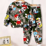 Resim 2 Adet 'Askeri Yeşil Kamuflaj & Karikatür Köpek Baskılı Kapüşonlu Sweatsuit ve Pantolun Seti - Oyuncak Yavru Tasarımıyla Eğlenceli Kombin, Gevşek Fit Uzun Kol Yuvarlak Boyunda İç Giysisi, Şık Mavi Renk, Çocuklar iç İdeal Sezon Gezi Etkinliklerinde Rahat, ile Makinede ykanabilir 