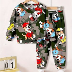 Resim 2 Adet 'Askeri Yeşil Kamuflaj & Karikatür Köpek Baskılı Kapüşonlu Sweatsuit ve Pantolun Seti - Oyuncak Yavru Tasarımıyla Eğlenceli Kombin, Gevşek Fit Uzun Kol Yuvarlak Boyunda İç Giysisi, Şık Mavi Renk, Çocuklar iç İdeal Sezon Gezi Etkinliklerinde Rahat, ile Makinede ykanabilir 