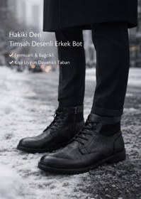 Resim Timsah Desen Hakiki Deri Fermuarlı Soğuk Geçirmez Ped İşleme Baba Genç Klasik Tommy Tarz Bot 
