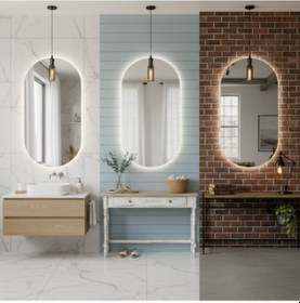 Resim 60x107 Cm Modern Oval Led Banyo Aynası Dokunmatik, Dim Edilebilir, 6500k Beyaz Işık Beyaz 