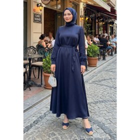 Resim Modestim Kadın Lacivert Saten Tesettür Abiye Elbise Uzun Kollu Kuşaklı Düğün Nişan Özel Gün Tesettür Elbise 