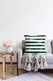 Resim RealHomes Koyu Yeşil Çizgili Motifli Çift Taraflı Dekoratif Modern Raşel Örme Yastık Kılıfı, Sonil-K5237koyuyesil-43x43cm 