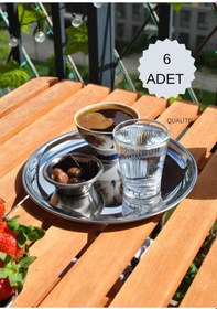 Resim 6'lı Paslanmaz Çelik 20 Cm Sunum Tabağı Yuvarlak Gümüş Renk Servi 