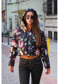 Resim Keyifli Moda Kadın Siyah Çiçekli Kapüşonlu Kolları Fermuarlı Kısa Şişme Mont - S-m Siyah 