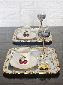 Resim 6 Adet Sunum Tepsisi & Kahve & Çay Tepsisi- Gümüş Tepsi Döküm Gold Gül Çerçeveli Gümüş 