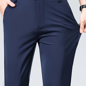 Resim Erkek Klasik Esnek Elbise Pantolonları - Nefes Alabilen, Hafif Polyester-Spandex Karışımı, Düz Siyah ve Mavi, Orta Yükseklikli Düzenli Kesim İş ve Resmi Giyim için, Tüm Mevsimler için Rahatlık, Resmi Kıyafet, Şık Görünüm, Pürüzsüz Dokusu 