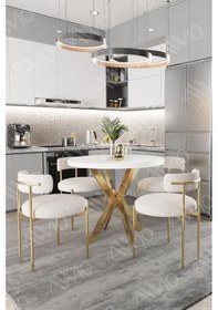 Resim Avvio Lea Mat Gold Ayak 4'lü Teddy Sandalye 90x90 Masa Sandalye Takımı Sandalye Bukle Kumaş Beyaz 