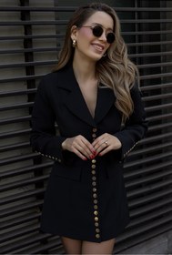 Resim buqre's moda Trend Kadın Gold Çıt Çıt Detaylı Tasarım Uzun Blazer Ceket 