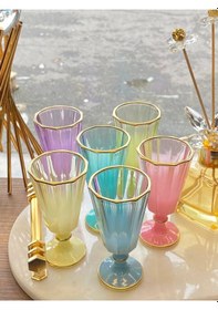 Resim 6 Lı Flüt Renkli Yaldızlı Kahve Yanı Su Bardağı Kadeh Kupa Bardak 