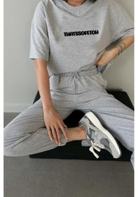 Resim Thatssofetch T-shirt Eşofman Altı Jogger - Gri Baskı Alt Üst Eşofman Takımı Oversize Bisiklet Yaka Gri-4728 