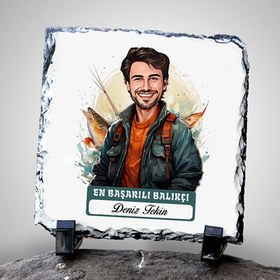 Resim Karikatürlü En İyi Erkek Balıkçı Dekoratif Taş 