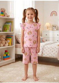 Resim Aliş Kids Kız Çocuk Pamuklu Pembe Ayıcık Kalp Desenli Kolları Fırfırlı Kısa Kollu Şortlu Yazlık Pijama Takımı 