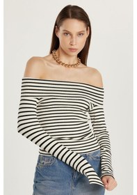 Resim Tudors Kadın Slim Fit Dar Kesim Fitilli Straplez Çizgili Bluz-33977 Beyaz - Siyah 