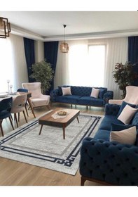 Resim 4216 Krem - Gri - Mavi Akrilik Dokuma Halı Yumuşak Salon Oturma Odası Halısı 