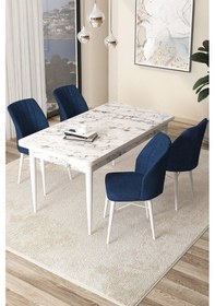 Resim Canisa Arp Serisi 70x110 Sabit Mutfak Masası Takımı Beyaz Mermer Desen Masa 4 Lacivert Sandalye Masa Beyaz Mermer Desen Sandalye Lacivert 