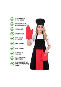 Resim Star Ayar Askılı 5li Mutfak Önlüğü Seti Ayar Askılı Havlulu Önlük, Şapka, Eldiven, Tutacak Siyah-kırmızı-kırmızı 