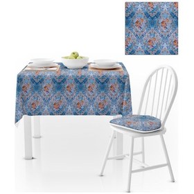 Resim Modern Damask Desenli Mavi Kadife Dokulu 140x180 Masa Örtüsü 