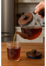 Resim Akasya Kapaklı Ve Saplı Yuvarlak Cam Demlik - Isıya Dayanıklı - Cam Demlikli - Akasya Kapaklı Cam 