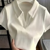 Resim Kadınların Y2K ilhamlı beyaz yaka kısa kollu üstü - Rahat V-Yaka, Kısa Kollu, Polyester, Hafif Esnek, Düz Renk, Mükemmel 