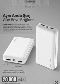 Resim Jopus 20000mAh Powerbank - Led Işık Göstergeli - Taşınabilir Şarj Cihazı - Beyaz JP-P10A 