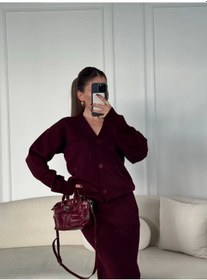 Resim V Yaka 3 Düğmeli Hırka Takım Triko İkili Etekli - Bordo Çok Renkli 