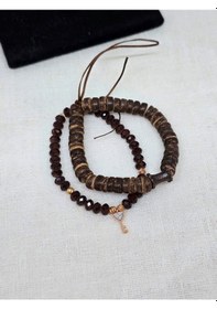 Resim Glamglamour Doğal Ud Ağaçlı Kristal Cam Boncuklu Anahtar Uç Bileklik Kahverengi 