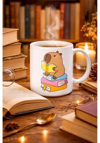 Resim Kitap Okuyan Kapibara Tasarımlı Porselen Kupa Model 100 Kahve & Çay Keyfi İçin Sıcacık Ve Sevimli Tasarım Capybara Diğer 