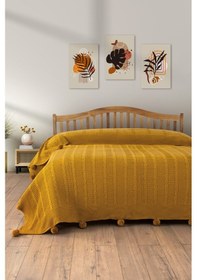 Resim Sevim Çift Kişilik Ponponlu Triko Örme Battaniye - Yumuşak Doku & Şık Tasarım - Mint Yeşili - 220x240 Cm Hardal Hardal 