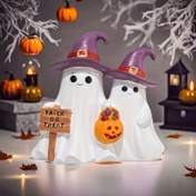 Resim 1 adet "Trick or Treat" İşareti ve Balkabakları ile Halloween Çift Heykeli - Dış Mekan/İç Mekan Reçine Dekor, Elektrik Gerekmez, Yaratıcı Mevsimlik Ev Dekorasyonu, Mükemmel Halloween Hediyesi, Halloween Süslemeleri, Masaüstü Dekorasyon, Noel için En İyi, Şükran Günü için Mükemmel 